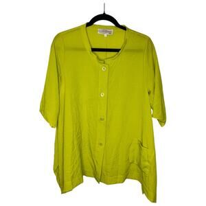 Chiara Cocol Women's Tunic Top L Lime Green ITALY 3/4 Sleeve Button Front Artsy